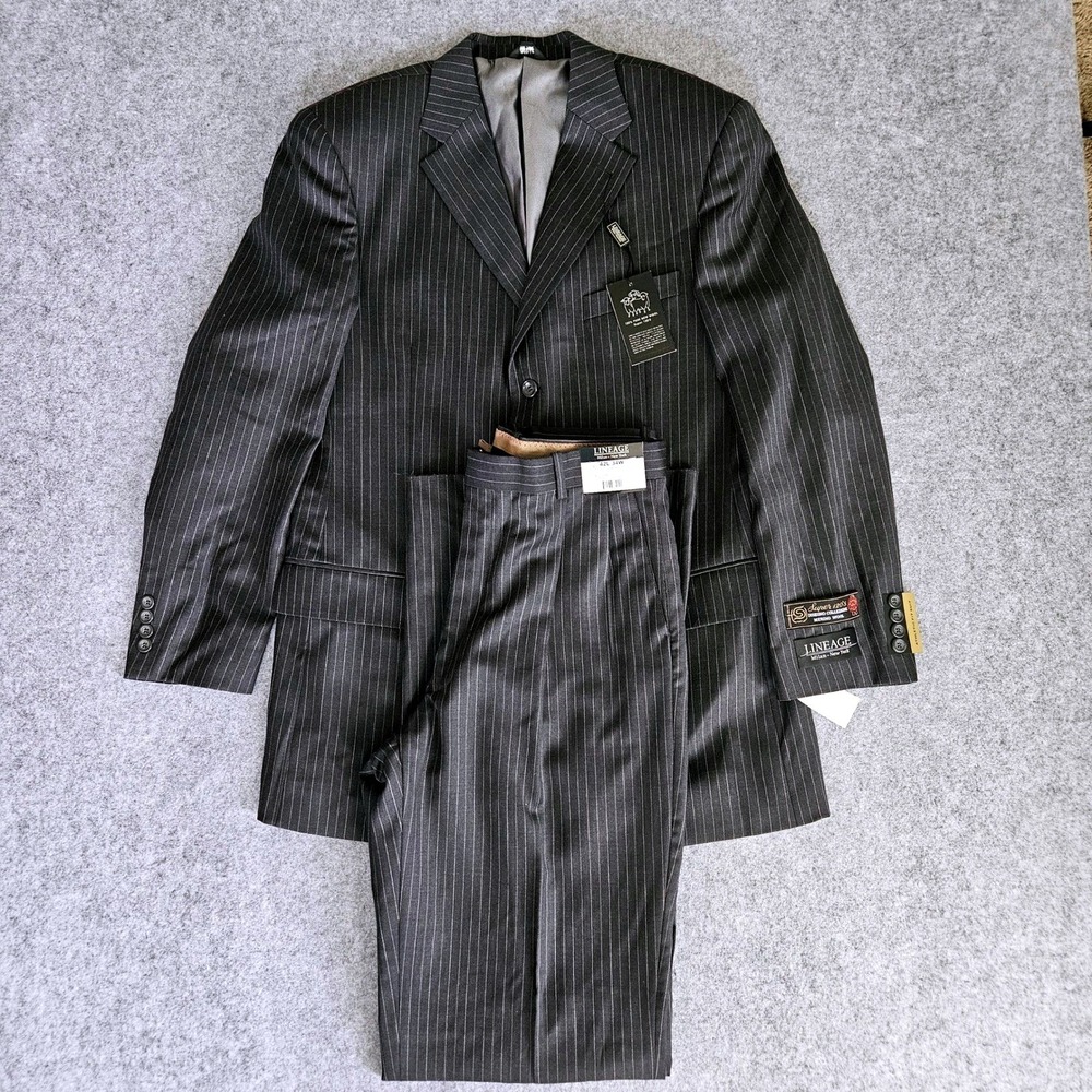 Lineage Mens Charcoal Pinstripe 2-Piece Suit 42L 34x35 Super 110s Merino Wool